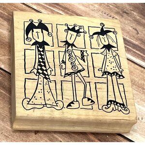 VINTAGE MAGENTA 23.388 THREE JOKERS JESTERS WOOD MOUNTED RUBBER STAMP CHRISTMAS